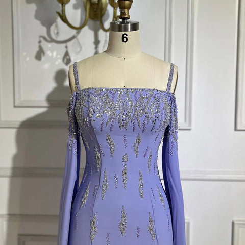 Lilac Mermaid Evening Dress with Cape Sleeves Luxury Wedding Party Gowns LA72407