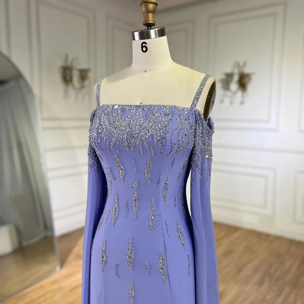 Lilac Mermaid Evening Dress with Cape Sleeves Luxury Wedding Party Gowns LA72407