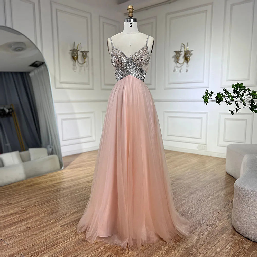 Vestido de fiesta corte A elegante con tirantes finos y cuentas, color melocotón árabe, modelo LA72629 (2025) 