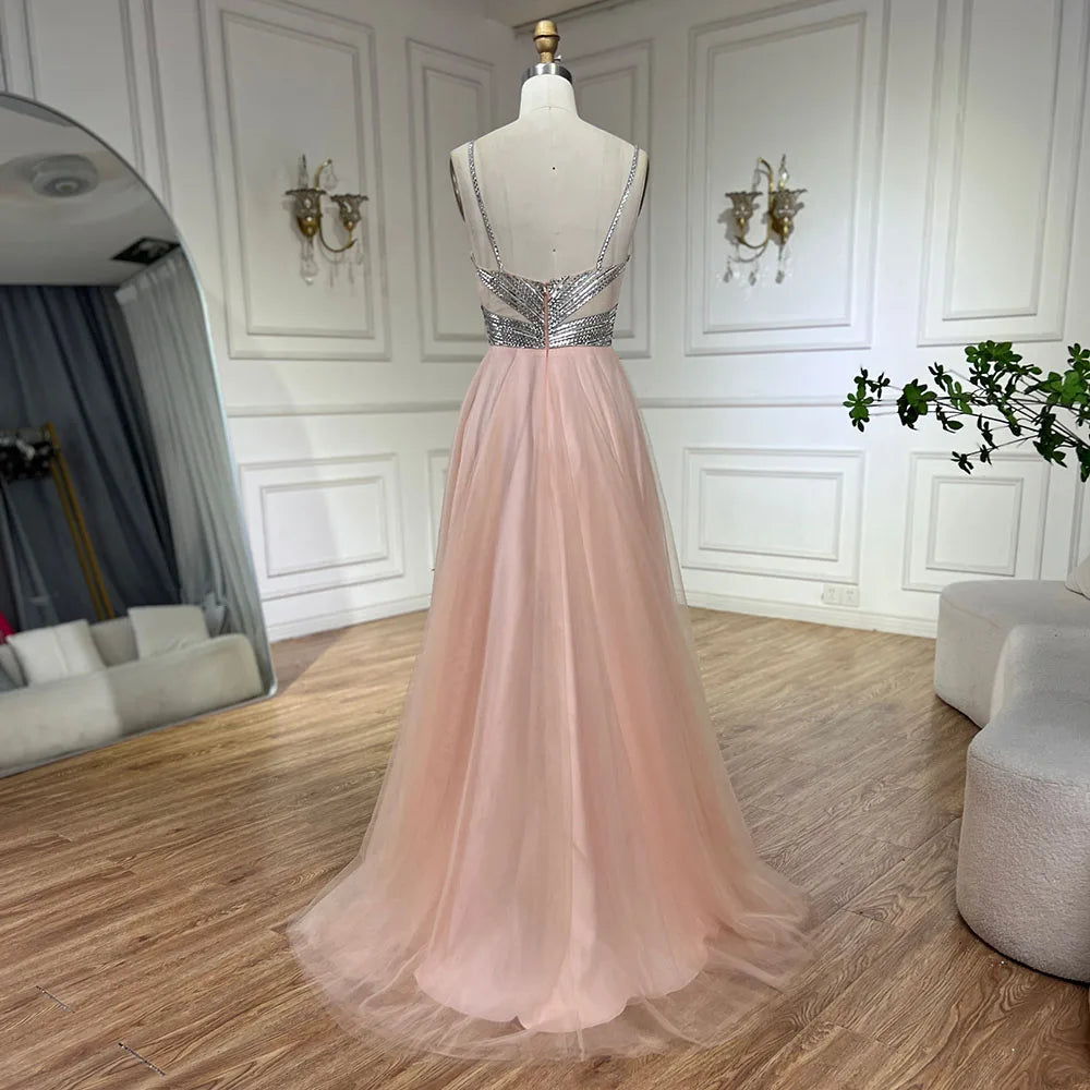 Vestido de fiesta corte A elegante con tirantes finos y cuentas, color melocotón árabe, modelo LA72629 (2025) 