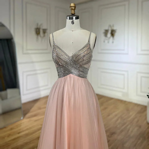 Vestido de fiesta corte A elegante con tirantes finos y cuentas, color melocotón árabe, modelo LA72629 (2025) 