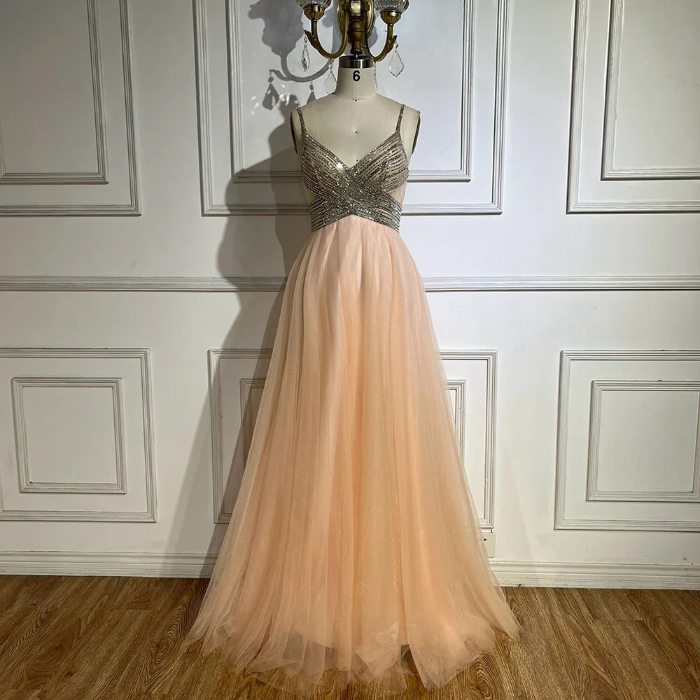 Vestido de fiesta corte A elegante con tirantes finos y cuentas, color melocotón árabe, modelo LA72629 (2025) 