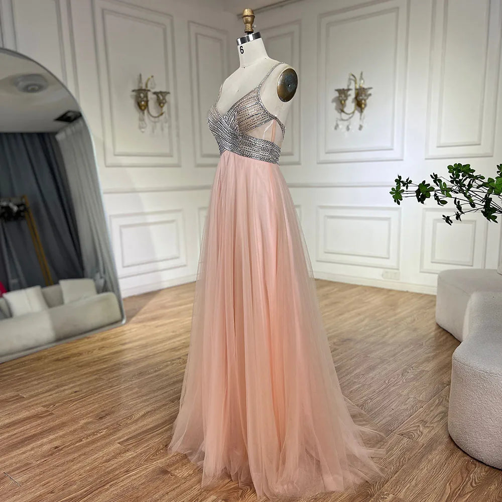 Vestido de fiesta corte A elegante con tirantes finos y cuentas, color melocotón árabe, modelo LA72629 (2025) 