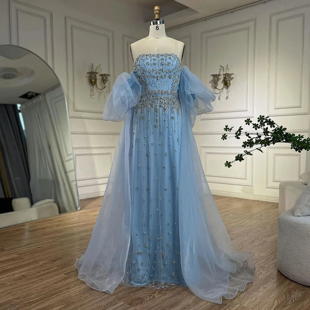 Vestidos de noche de sirena con cuentas negras, estilo princesa, con mangas abullonadas y sobrefalda, para ocasiones formales (LA72002) 
