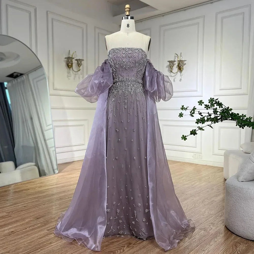 Vestidos de noche de sirena con cuentas negras, estilo princesa, con mangas abullonadas y sobrefalda, para ocasiones formales (LA72002) 