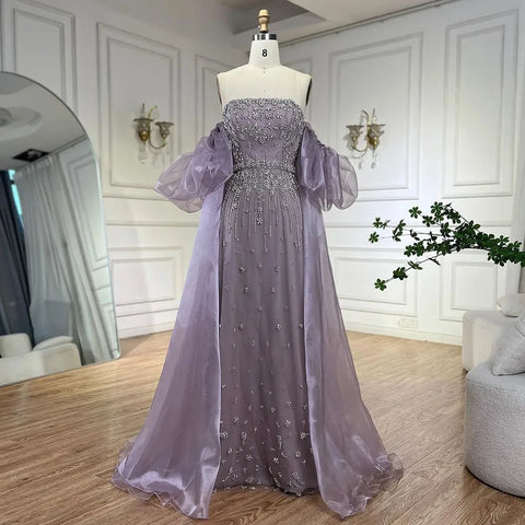 2025 Black Beaded Mermaid Evening Dresses Gowns with Puff Sleeves Overskirt for Formal Occasion LA72002