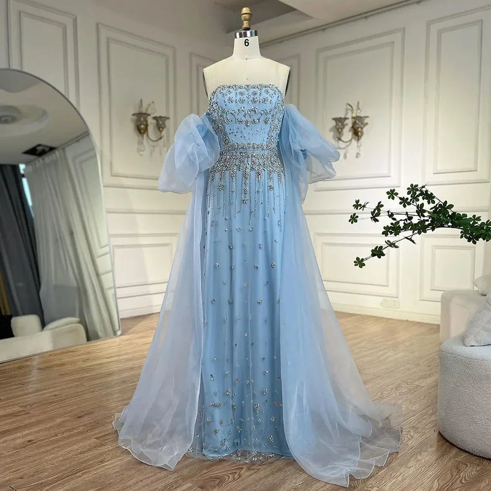 Vestidos de noche de sirena con cuentas negras, estilo princesa, con mangas abullonadas y sobrefalda, para ocasiones formales (LA72002) 