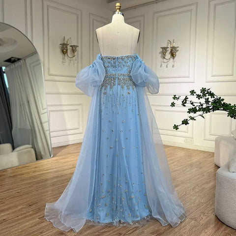 2025 Black Beaded Mermaid Evening Dresses Gowns with Puff Sleeves Overskirt for Formal Occasion LA72002