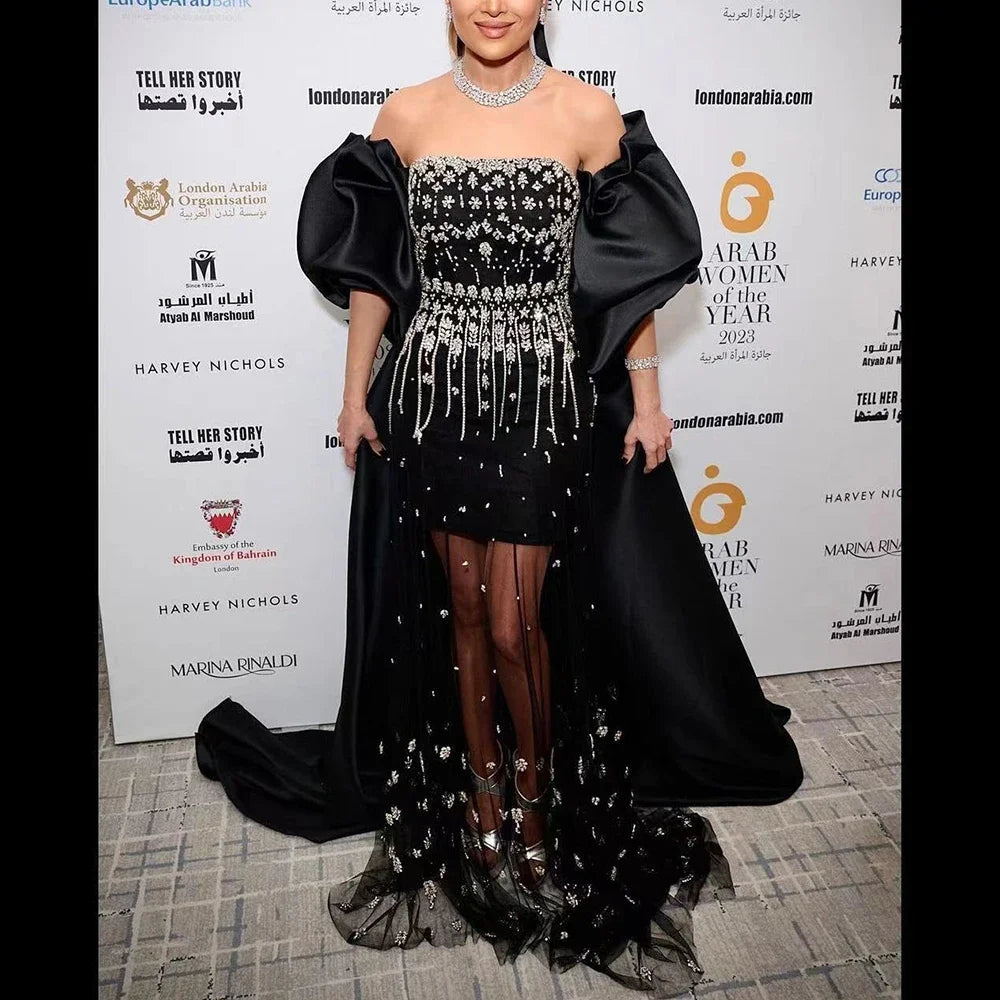 Vestidos de noche de sirena con cuentas negras, estilo princesa, con mangas abullonadas y sobrefalda, para ocasiones formales (LA72002) 