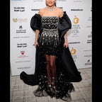 Vestidos de noche de sirena con cuentas negras, estilo princesa, con mangas abullonadas y sobrefalda, para ocasiones formales (LA72002) 