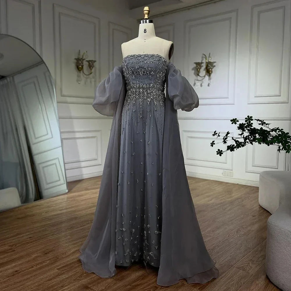 Vestidos de noche de sirena con cuentas negras, estilo princesa, con mangas abullonadas y sobrefalda, para ocasiones formales (LA72002) 