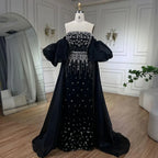 Vestidos de noche de sirena con cuentas negras, estilo princesa, con mangas abullonadas y sobrefalda, para ocasiones formales (LA72002) 