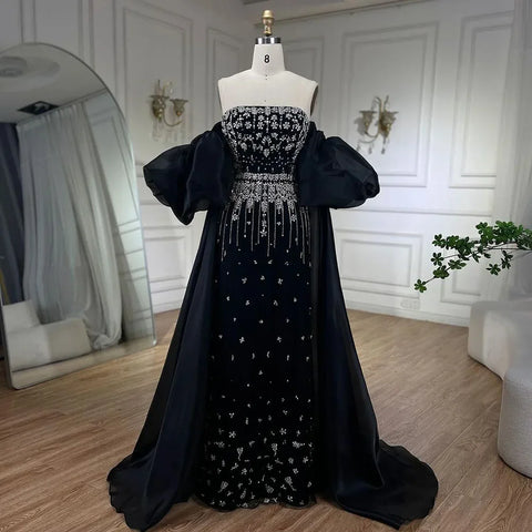 2025 Black Beaded Mermaid Evening Dresses Gowns with Puff Sleeves Overskirt for Formal Occasion LA72002