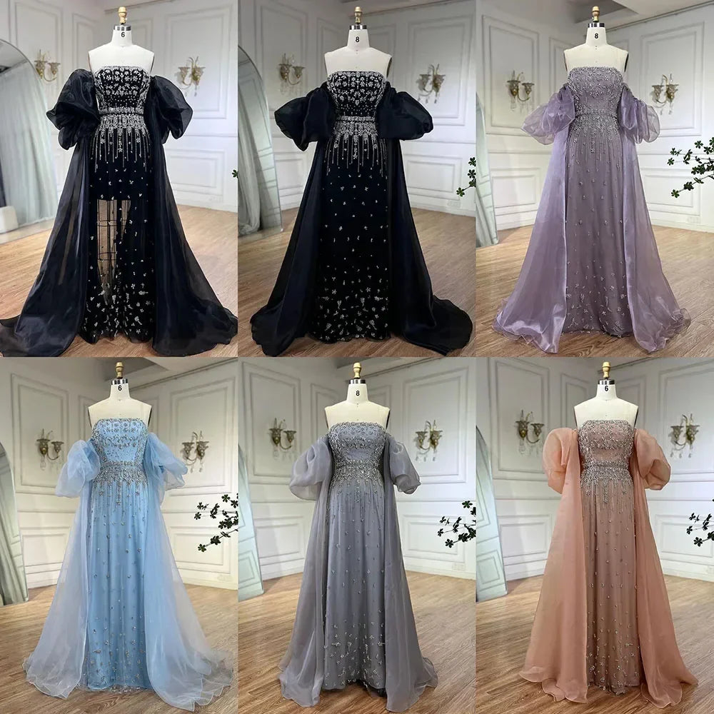 Vestidos de noche de sirena con cuentas negras, estilo princesa, con mangas abullonadas y sobrefalda, para ocasiones formales (LA72002) 