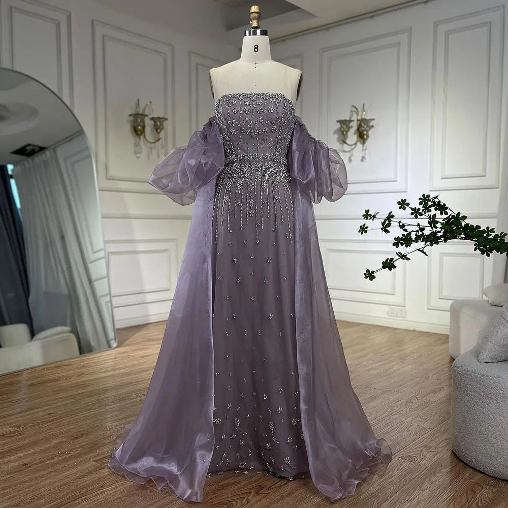 Vestidos de noche de sirena con cuentas negras, estilo princesa, con mangas abullonadas y sobrefalda, para ocasiones formales (LA72002) 