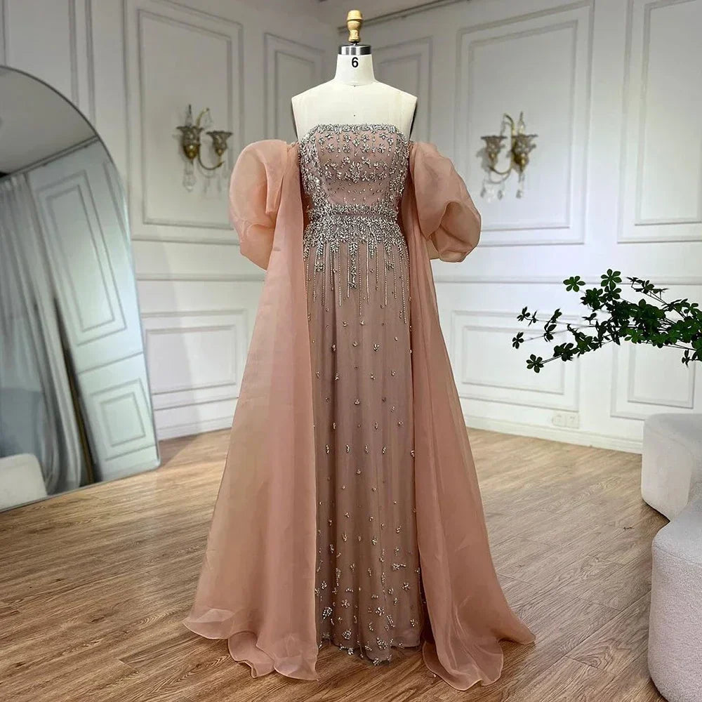 Vestidos de noche de sirena con cuentas negras, estilo princesa, con mangas abullonadas y sobrefalda, para ocasiones formales (LA72002) 