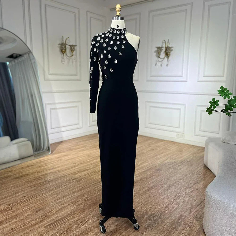 Vestido de noche de sirena elegante, negro, de un solo hombro, con abertura lateral y cuentas de cristal, modelo LA72371 (2025) 