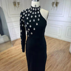 Vestido de noche de sirena elegante, negro, de un solo hombro, con abertura lateral y cuentas de cristal, modelo LA72371 (2025) 