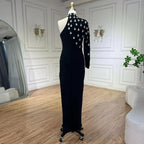 Vestido de noche de sirena elegante, negro, de un solo hombro, con abertura lateral y cuentas de cristal, modelo LA72371 (2025) 