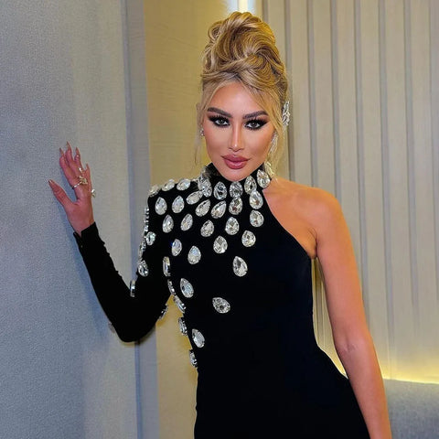 2025 Black One Shoulder Elegant Split Side with Crystal Beaded Mermaid Evening Dress Gowns for Women's Party LA72371