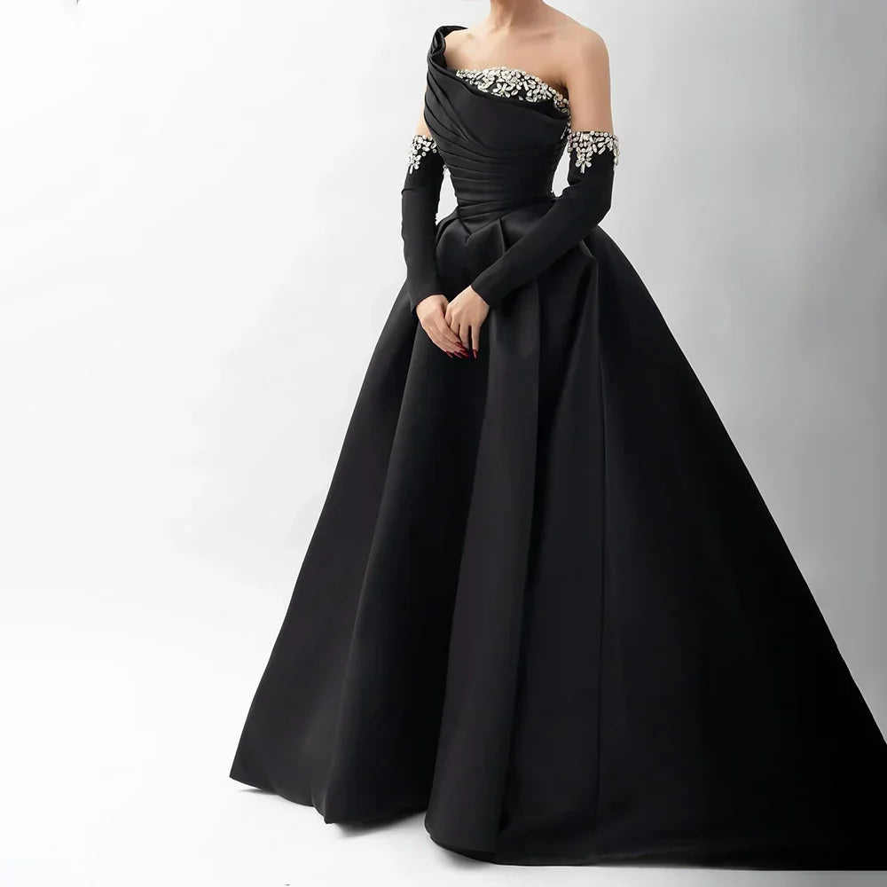 Vestido de noche negro de satén con un solo hombro, corte en A, con cuentas y mangas cortas, modelo LA72741, para mujer. 
