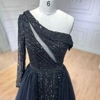 Vestido de noche de lujo negro de un solo hombro con sobrefalda y cuentas, ideal para ocasiones formales y fiestas (modelo LA72424A). 