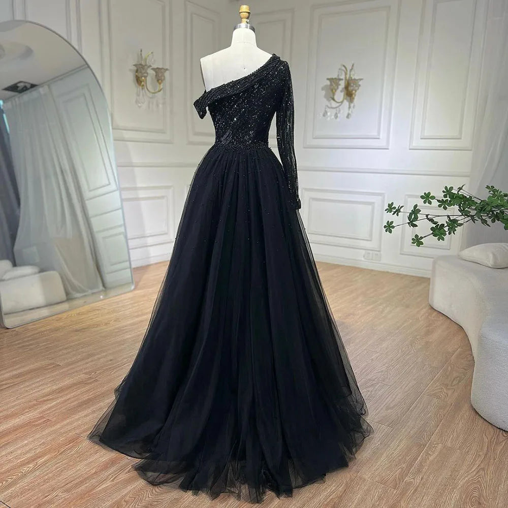 Vestido de noche de lujo negro de un solo hombro con sobrefalda y cuentas, ideal para ocasiones formales y fiestas (modelo LA72424A). 