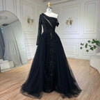 Vestido de noche de lujo negro de un solo hombro con sobrefalda y cuentas, ideal para ocasiones formales y fiestas (modelo LA72424A). 