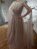 Blue Beaded A-Line Evening Dress Gown with Cape Sleeves LA72728