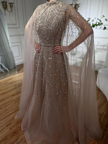 Robe de soirée trapèze bleue à perles et manches cape LA72728