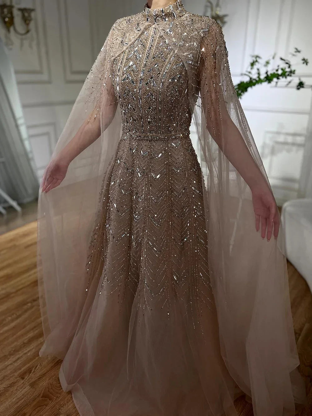 Blue Beaded A-Line Evening Dress Gown with Cape Sleeves LA72728