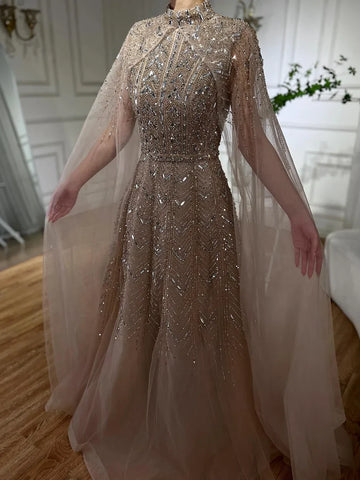 Robe de soirée trapèze bleue à perles et manches cape LA72728