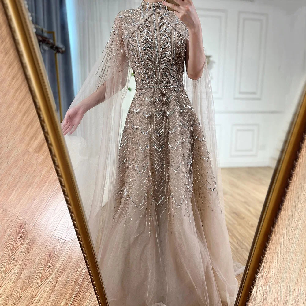 Blue Beaded A-Line Evening Dress Gown with Cape Sleeves LA72728
