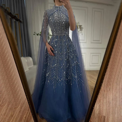 Robe de soirée trapèze bleue à perles et manches cape LA72728