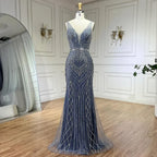 Vestido de noche de lujo con tirantes finos y cuentas, estilo sirena azul, elegante, para mujer, ideal para bodas y fiestas (LA72450) 