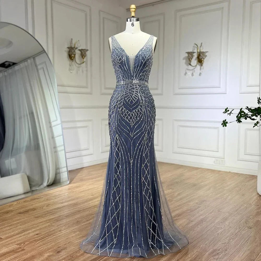 Vestido de noche de lujo con tirantes finos y cuentas, estilo sirena azul, elegante, para mujer, ideal para bodas y fiestas (LA72450) 