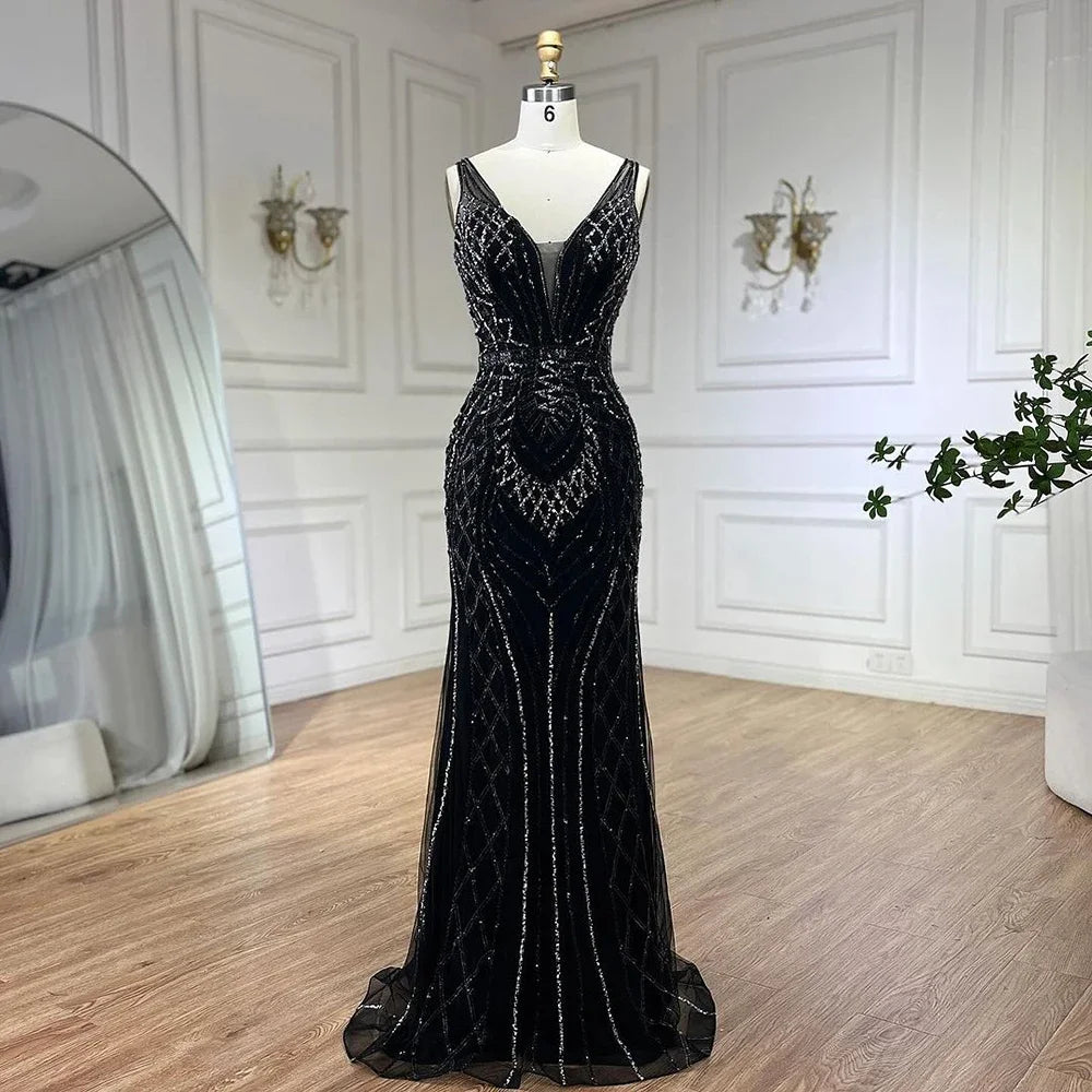 Vestido de noche de lujo con tirantes finos y cuentas, estilo sirena azul, elegante, para mujer, ideal para bodas y fiestas (LA72450) 