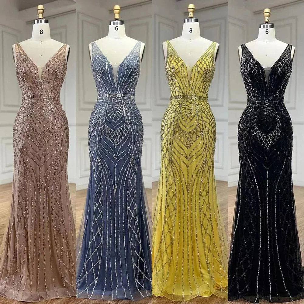 Vestido de noche de lujo con tirantes finos y cuentas, estilo sirena azul, elegante, para mujer, ideal para bodas y fiestas (LA72450) 