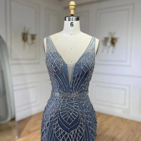 Robe de soirée sirène bleue élégante à bretelles spaghetti et perles, luxueuse, pour femme, tenue de mariage, LA72450, 2025 