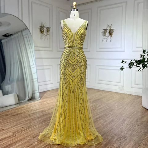 Robe de soirée sirène bleue élégante à bretelles spaghetti et perles, luxueuse, pour femme, tenue de mariage, LA72450, 2025 