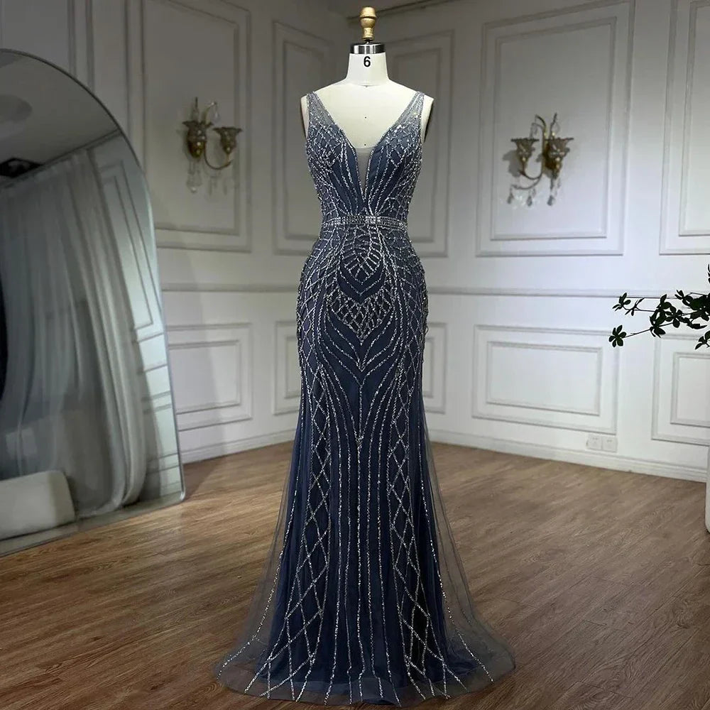Vestido de noche de lujo con tirantes finos y cuentas, estilo sirena azul, elegante, para mujer, ideal para bodas y fiestas (LA72450) 