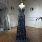 Vestido de noche de lujo con tirantes finos y cuentas, estilo sirena azul, elegante, para mujer, ideal para bodas y fiestas (LA72450) 