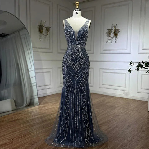Robe de soirée sirène bleue élégante à bretelles spaghetti et perles, luxueuse, pour femme, tenue de mariage, LA72450, 2025 