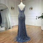 Vestido de noche de lujo con tirantes finos y cuentas, estilo sirena azul, elegante, para mujer, ideal para bodas y fiestas (LA72450) 