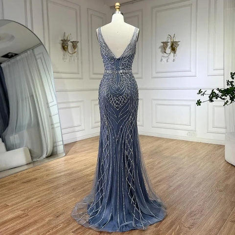Robe de soirée sirène bleue élégante à bretelles spaghetti et perles, luxueuse, pour femme, tenue de mariage, LA72450, 2025 