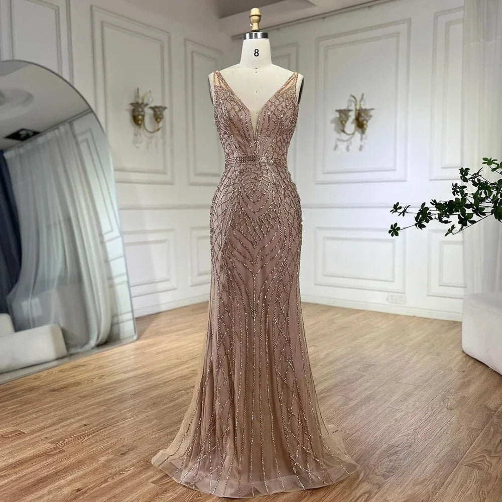 Vestido de noche de lujo con tirantes finos y cuentas, estilo sirena azul, elegante, para mujer, ideal para bodas y fiestas (LA72450) 