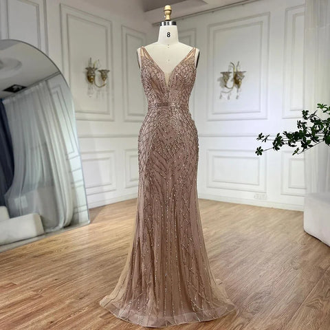 Robe de soirée sirène bleue élégante à bretelles spaghetti et perles, luxueuse, pour femme, tenue de mariage, LA72450, 2025 