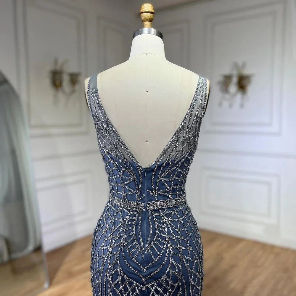 Vestido de noche de lujo con tirantes finos y cuentas, estilo sirena azul, elegante, para mujer, ideal para bodas y fiestas (LA72450) 
