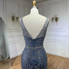 Vestido de noche de lujo con tirantes finos y cuentas, estilo sirena azul, elegante, para mujer, ideal para bodas y fiestas (LA72450) 