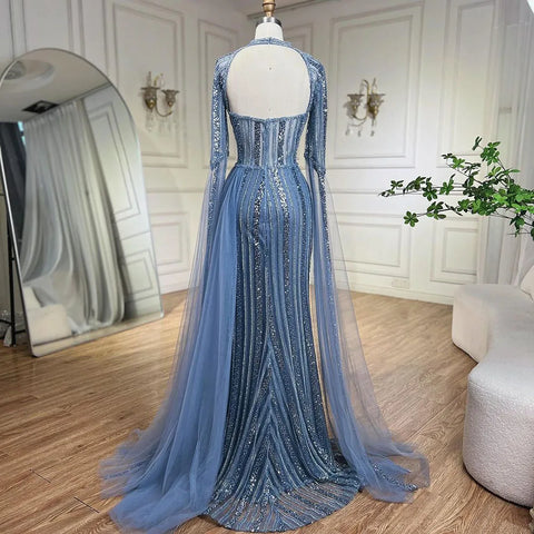 Vestidos de noche de sirena azul 2025, vestidos largos de lujo con cuentas, abertura alta y mangas tipo capa para bodas y fiestas de mujeres LA72312 